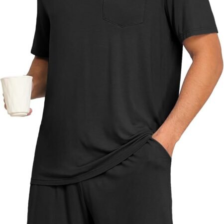Mens Pajamas Set Summer Pjs Sets Lightweight Short Sleeve Pajama Soft Sleepwear Loungewear with Pockets