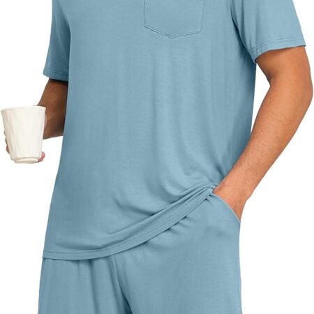 Mens Pajamas Set Summer Pjs Sets Lightweight Short Sleeve Pajama Soft Sleepwear Loungewear with Pockets