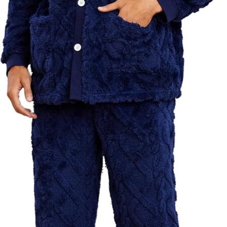 Mens Plush Warm Pajama Sets Soft Fluffy Long Fuzzy Sleepwear with Pockets Cozy Loungewear Pjs Set for Men