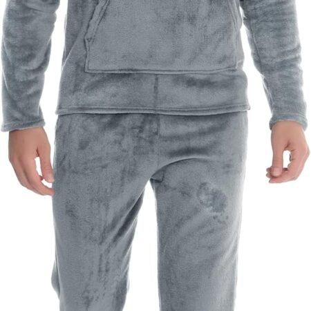 Mens Pyjamas Set, Warm & Soft Fleece Pj's Sets for Men with Fluffy Hoodie Loungewear with Pockets