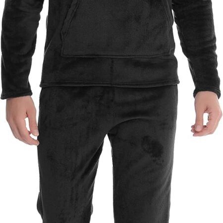 Mens Pyjamas Set, Warm & Soft Fleece Pj's Sets for Men with Fluffy Hoodie Loungewear with Pockets