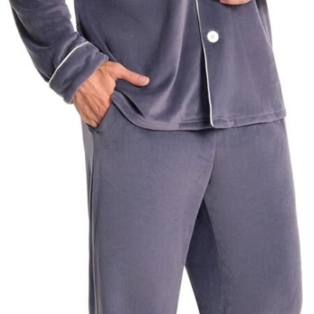 Mens Fleece Pajama Set Warm & No Bulky Notched Collar Long Sleeve Ultra Soft Sleepwear PJ Top & Bottom U20