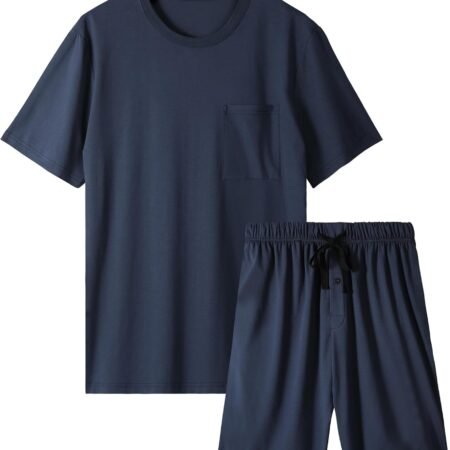 Mens Pajama Set Sleepwear Pjs Lightweight Short Sleeve Shirts Soft Breathable Fresh Sleep Sets with Pockets S-3XL