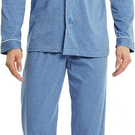 Mens Pajamas Set Soft Cotton Notched Collar Pajamas for Men Long Sleeve Mens Sleepwear with Pockets & Front Fly